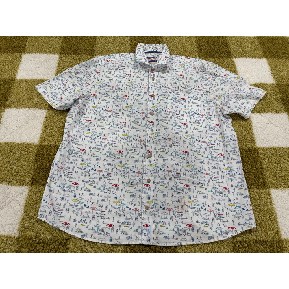 Johnnie-O Hangin Out Mens XL White Beach Scene Print Short Sleeve Button Down